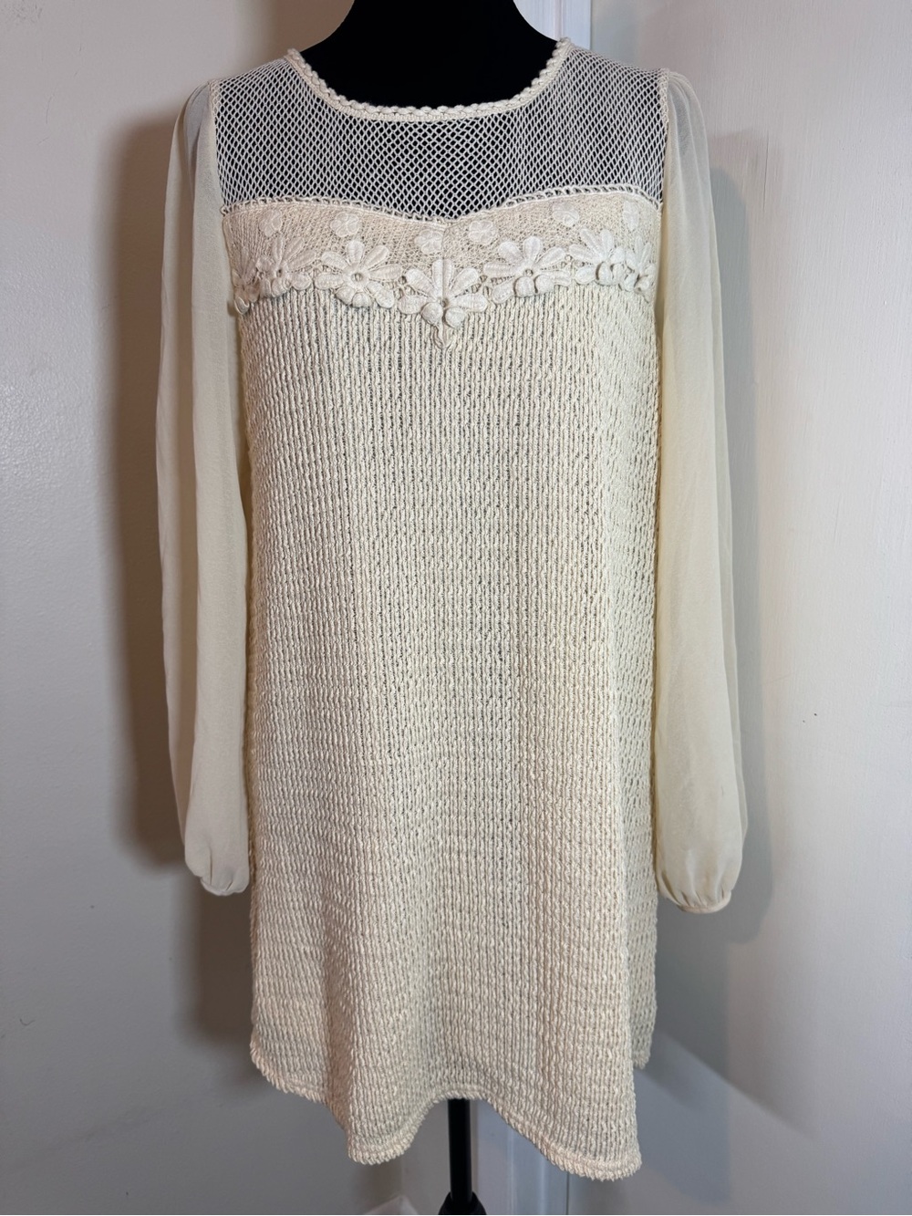 Flying Tomato Cream Crochet Knit Dress with Lace Appliqué